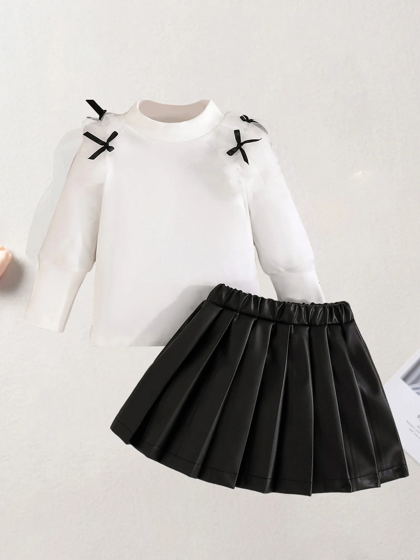Toddler Kids Girls Fall Clothes Set - Mesh Bow Mock Neck Long Sleeve Top & Pleated Skirt