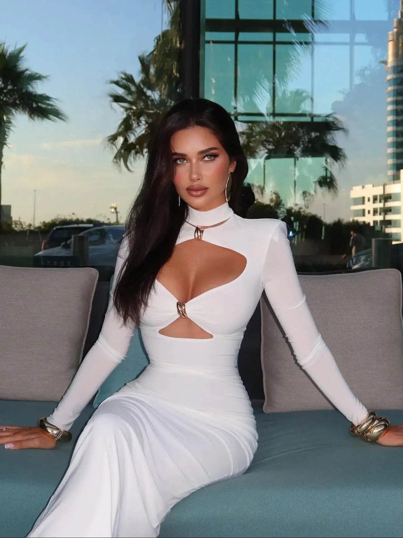 Cut-Out V-Neck Midi Dress - Long Sleeve Column Party Dress with Turtleneck Detail