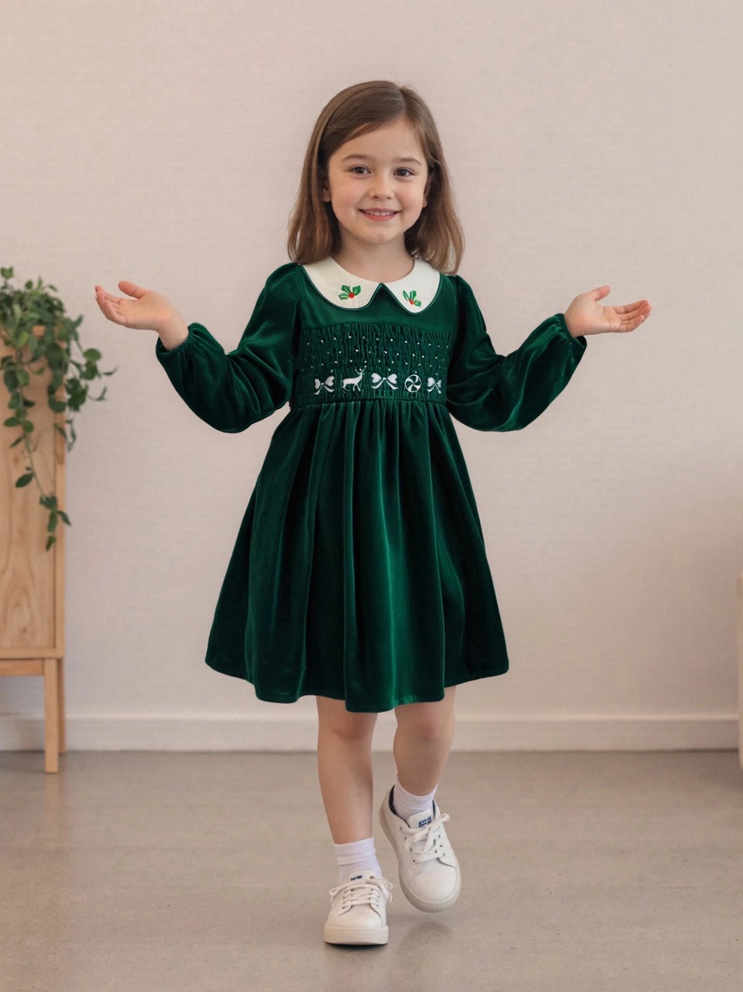 Little Girl's Velvet Christmas Dress - Deer Bow Holly Embroidered Smocked A-Line
