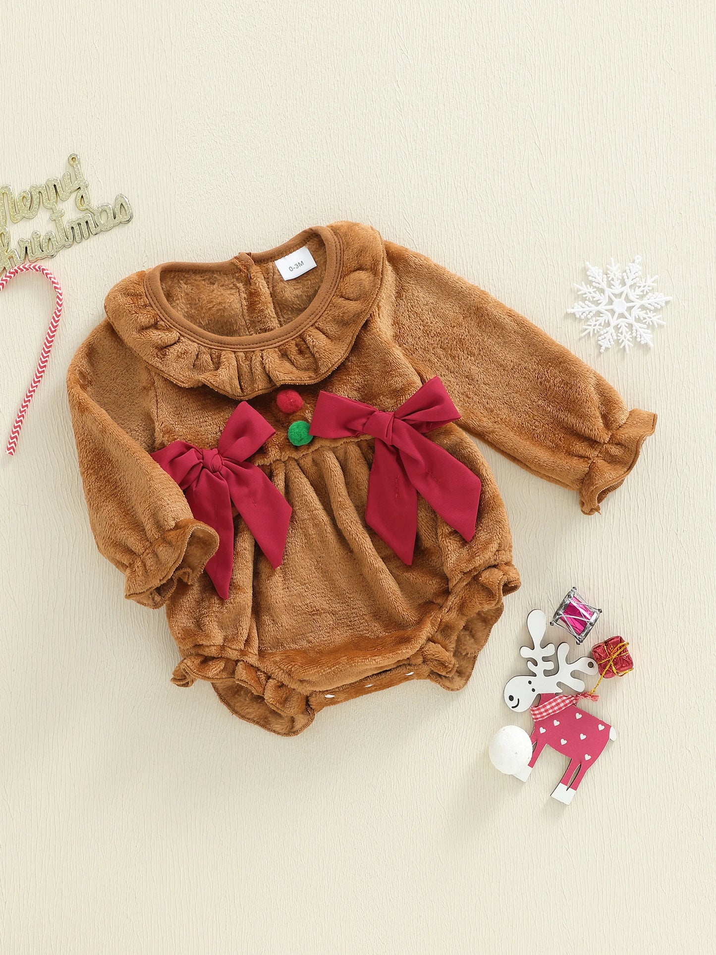 Baby Girls Christmas Romper - Plush Gingerbread Costume with Bow Detail