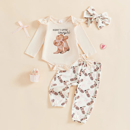 Baby Girls Western Outfit Set - 3-Piece Jumpsuit, Headband & Pants