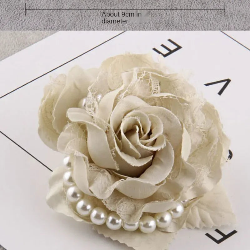 Fabric Lace Rose Flower Brooch - Pearl Corsage Pin for Women