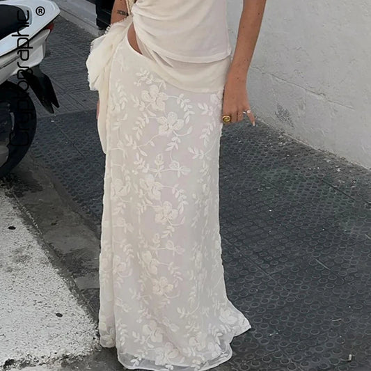 White Jacquard Maxi Skirt - Elegant Low Rise Y2K Summer Skirt