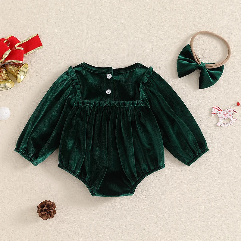 Baby Girl's Christmas Velvet Romper Set with Headband - Round Neck Long Sleeve