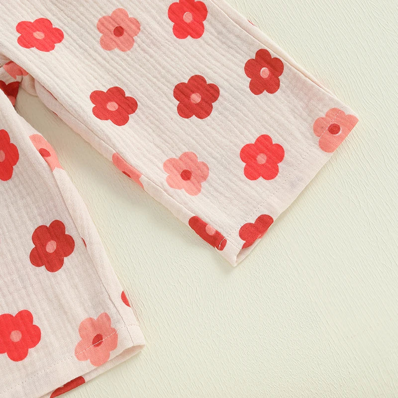 0-4Y Kids Girls Clothes Set Flower Print Sleeveless Lace Up Pleated Camisole with Trousers 2pcs Set