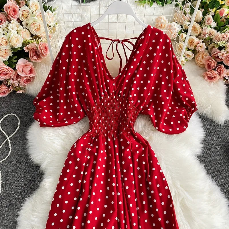 Women's V-Neck Polka Dot Jumpsuit - Wide Leg Trousers with Dolman Sleeves