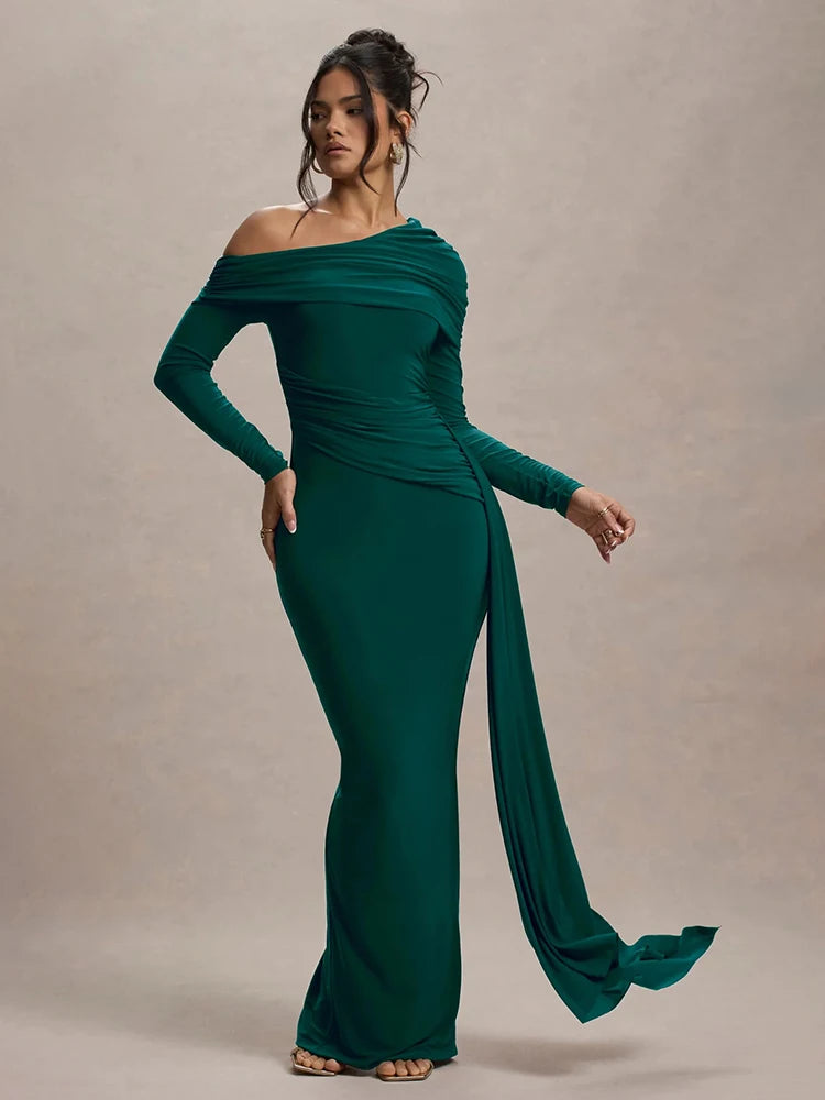 Women's Skew Collar Long Sleeve Maxi Backless Draped Ruched Bodycon Long Dress