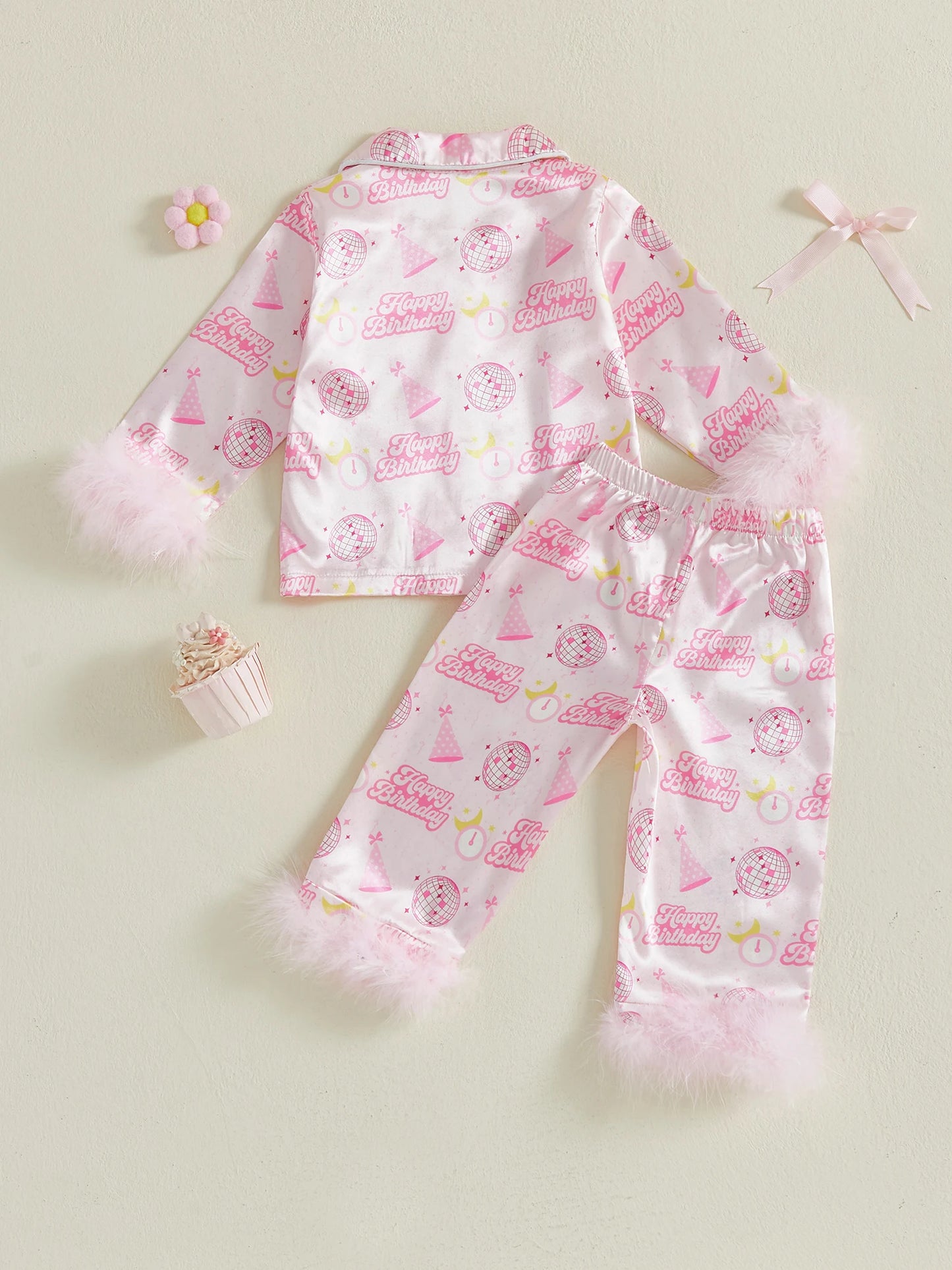 Kids Girls Pyjamas Set - Letter Ball Print Button Down Top & Pants (0-4Y)