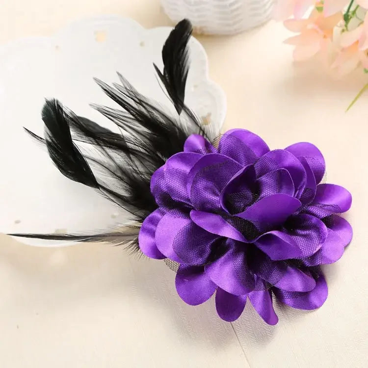 Feather Corsage Brooch - Handmade Fabric Flower Wedding Lapel Pin