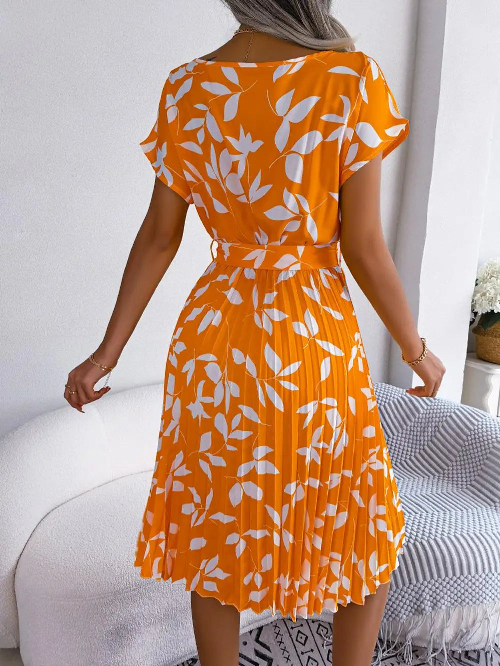 Women's Floral Pleated A Line Long Spring Summer Short Sleeve High Waist Chic Dress