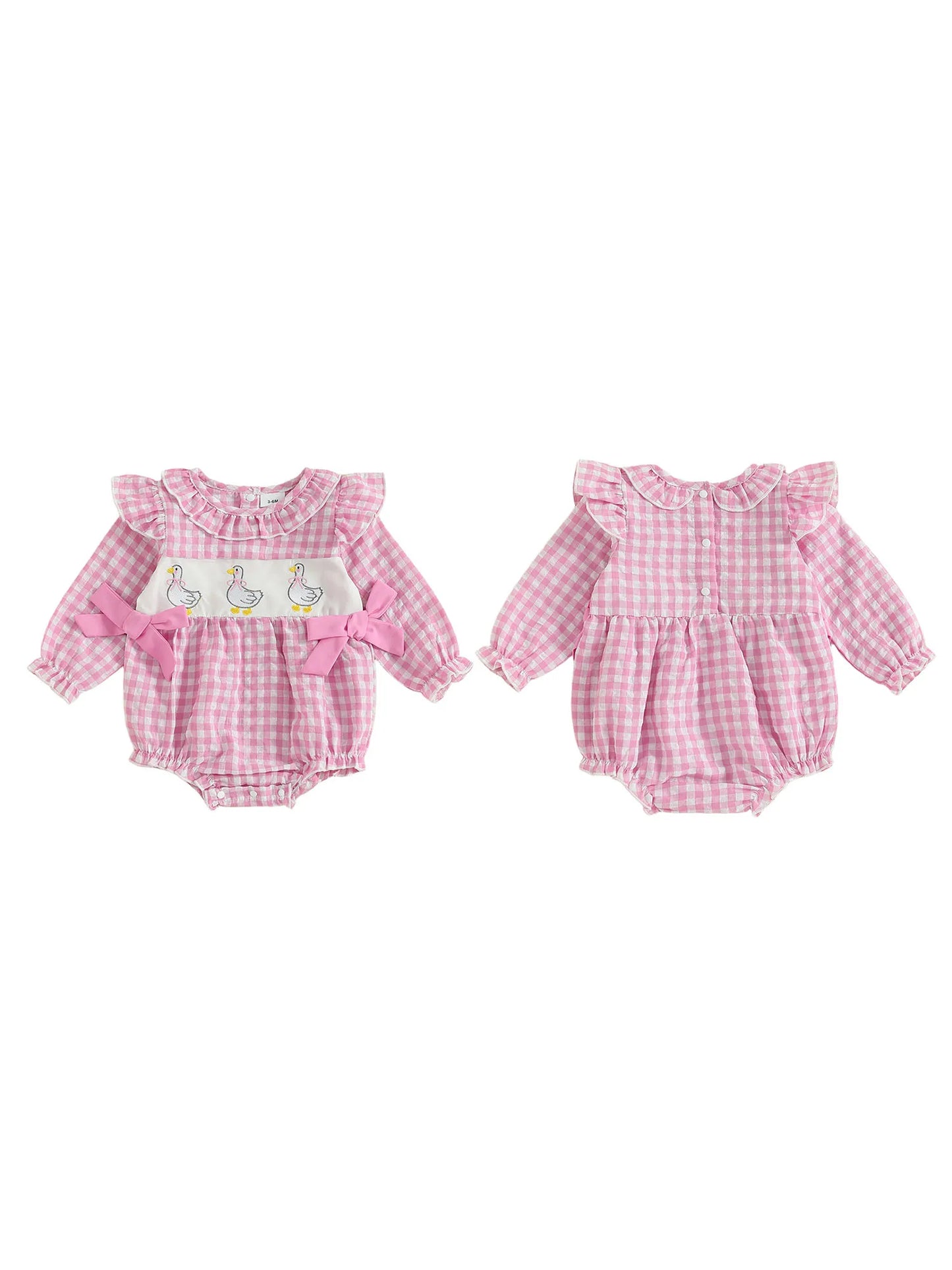 Baby Girls Plaid Bubble Romper - Duck Embroidery Long Sleeve Jumpsuit (0-18M)