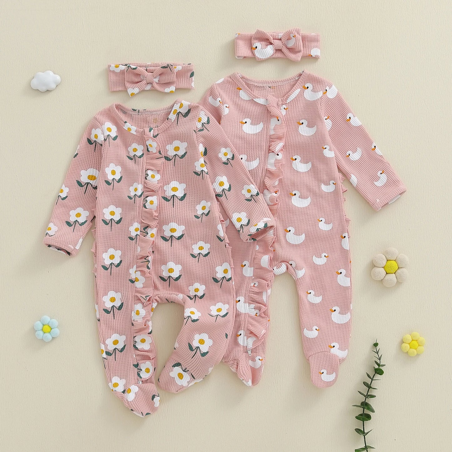 Lovely Newborn Baby Floral Print Romper with Headband (0-12M)