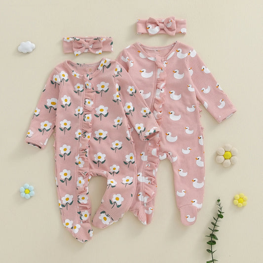 Lovely Newborn Baby Floral Print Romper with Headband (0-12M)
