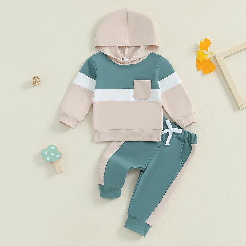 0-4Y Toddler Kids Boys Girls Fall Clothes Set Color Patchwork Long Sleeve Hooded Sweatshirt and Elastic Waist Pants