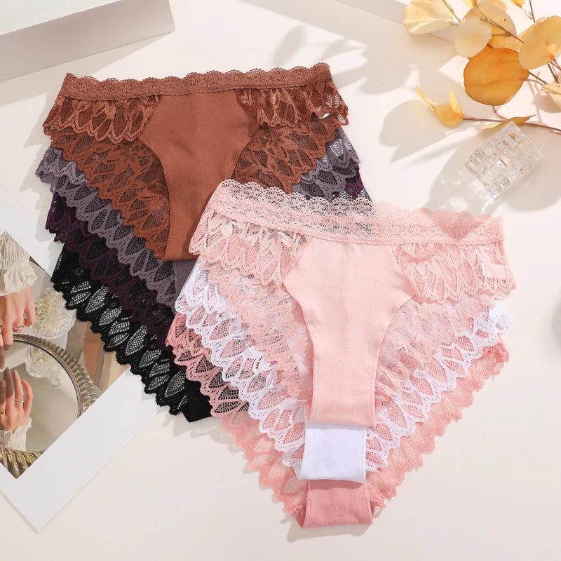 5Pcs Women's Lace Hollow Out Panties Low-Waist Comfortable Underwear Floral Breathable Briefs Stretch Soft Lingerie