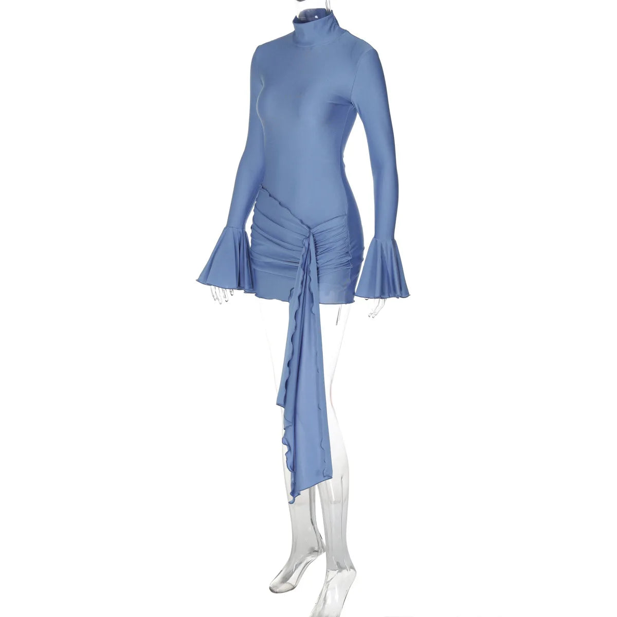 Women's Ruched Long Sleeve Wrap Mini Flare Sleeve Party Club Fall Outfit Bodycon Dress