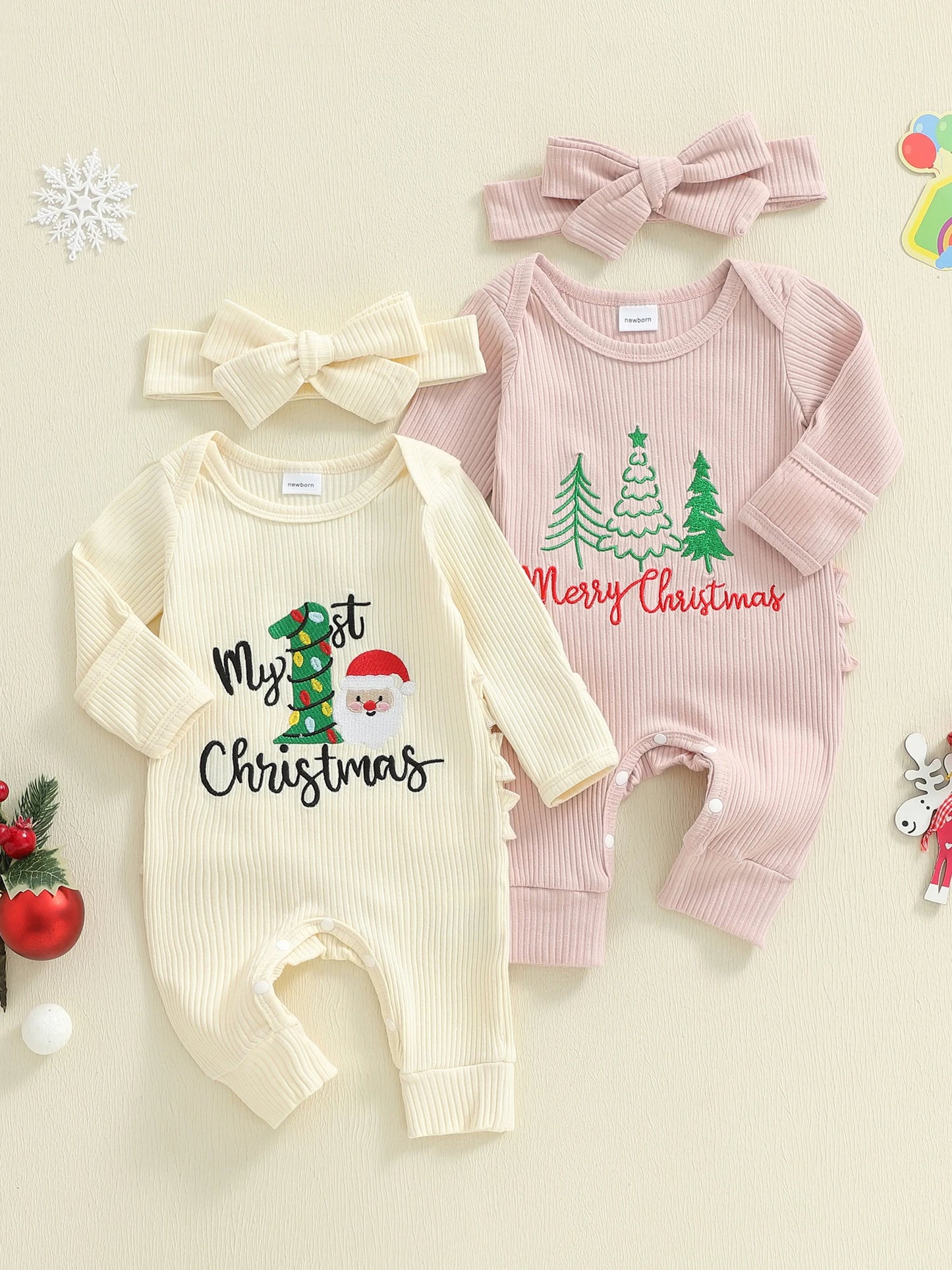 Newborn Baby Christmas Romper with Headband - Long Sleeve Xmas Tree Embroidery Jumpsuit