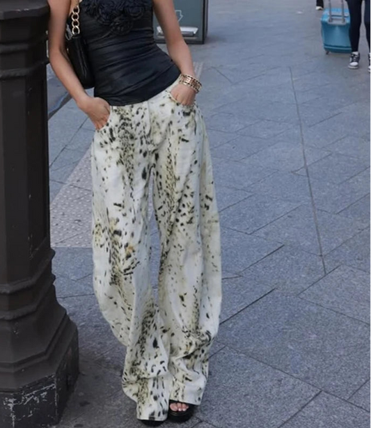 Women's Vintage Leopard Wide-Leg Jeans - Casual Streetwear Straight Pants