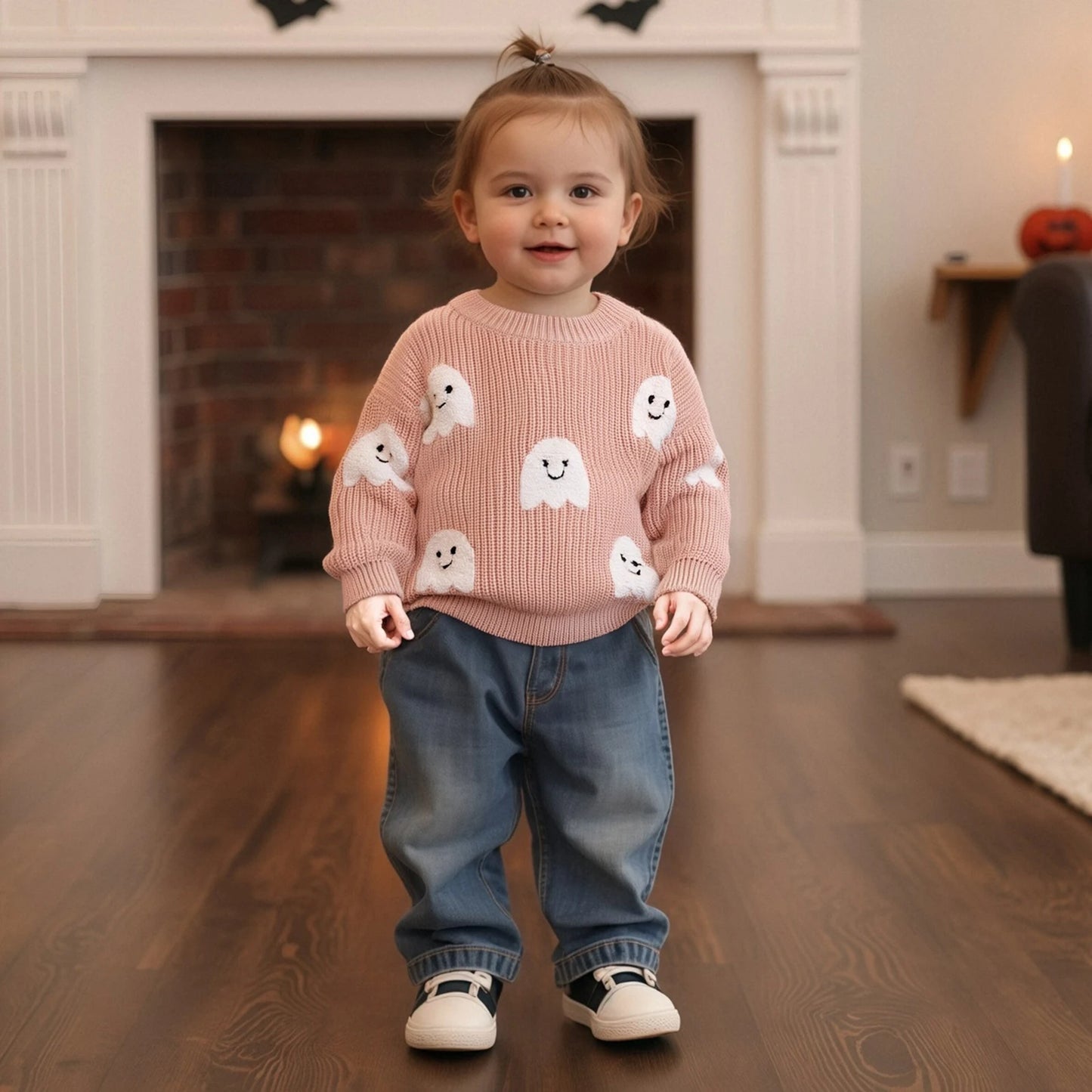 Kids Halloween Knit Sweater with Ghost Embroidery (0-4Y)