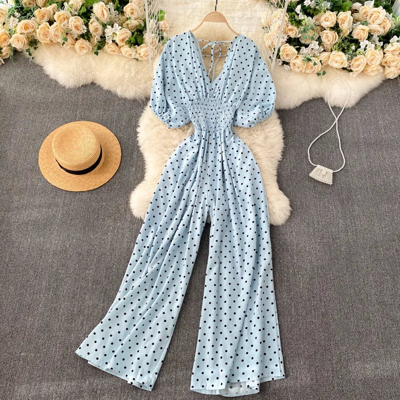 Women's V-Neck Polka Dot Jumpsuit - Wide Leg Trousers with Dolman Sleeves