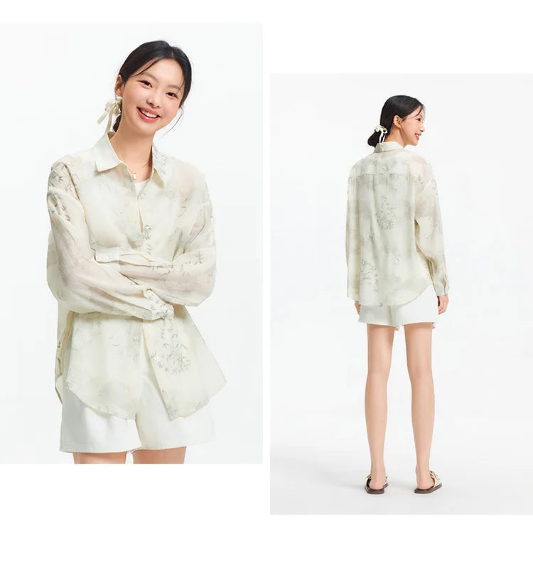 Women's Long Sleeve Oversized Shirt - Mid-Length Relaxed Fit with Artistic Ink Print