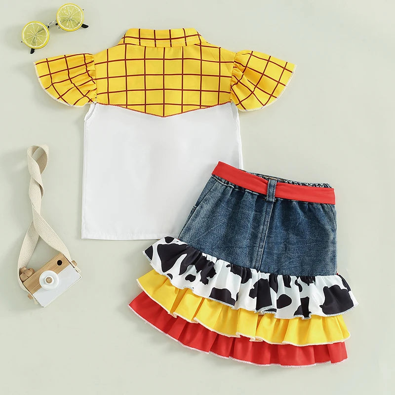 1-6Y Kids Girls Clothes Set - Plaid Patchwork Fly Sleeve Shirts Tops Cow Ruffles Denim Skirt and Headband