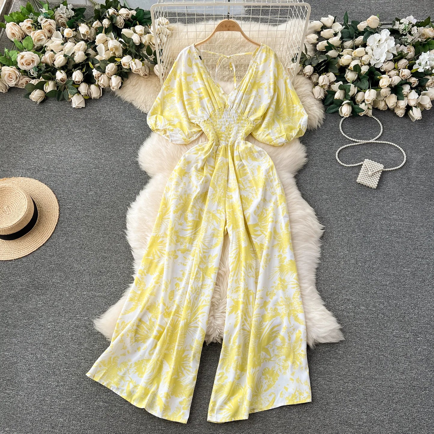Women's V-Neck Floral Print Jumpsuit - Dolman Sleeves Wide Leg Trousers
