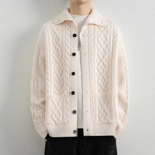 Men's Autumn Turn-Down Collar Cardigan - Single Breasted Knit Sweater Coat