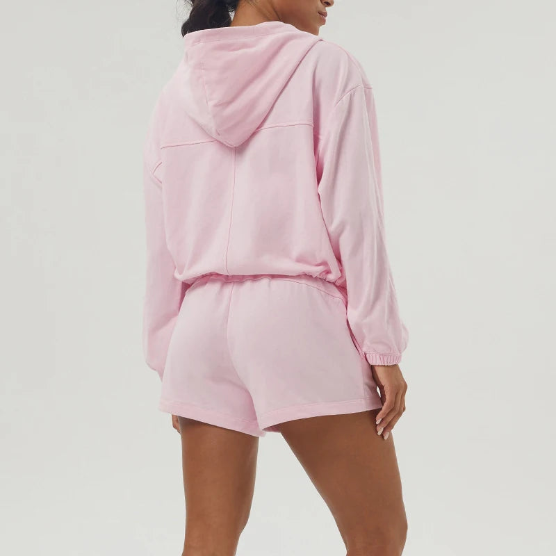 Women's Gym Running Suit Breathable Two Pieces Fitness Yoga Set Long Sleeve Hoodie Shorts Workout Sportswear