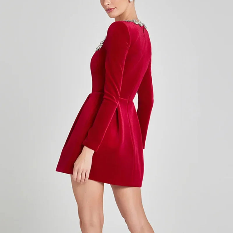 Women's Elegant Square Neck Diamond Short Velvet Two Pockets A-Line Long Sleeve Dress