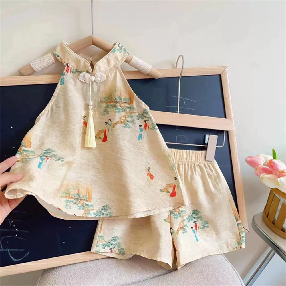 Girls' Set Summer Style Printed Standing Neck Tassel Top and Shorts Two Piece Set