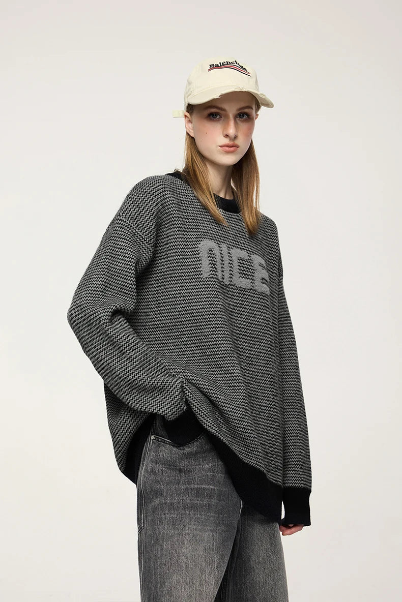 Unisex Letter Print Loose Knit Pullover Sweater