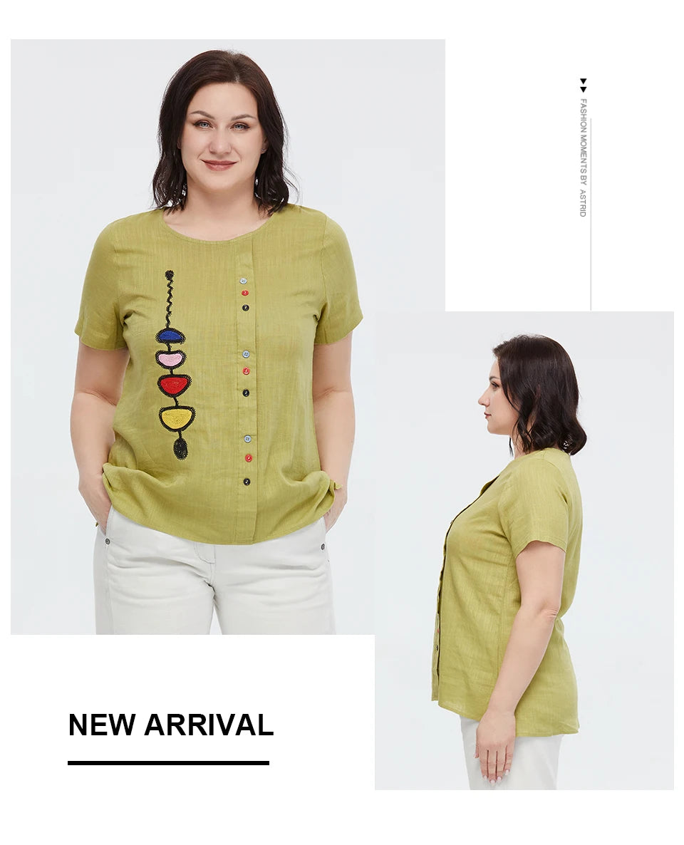 Women's Summer Cotton Linen Oversized Short Sleeve Sequins Button Top