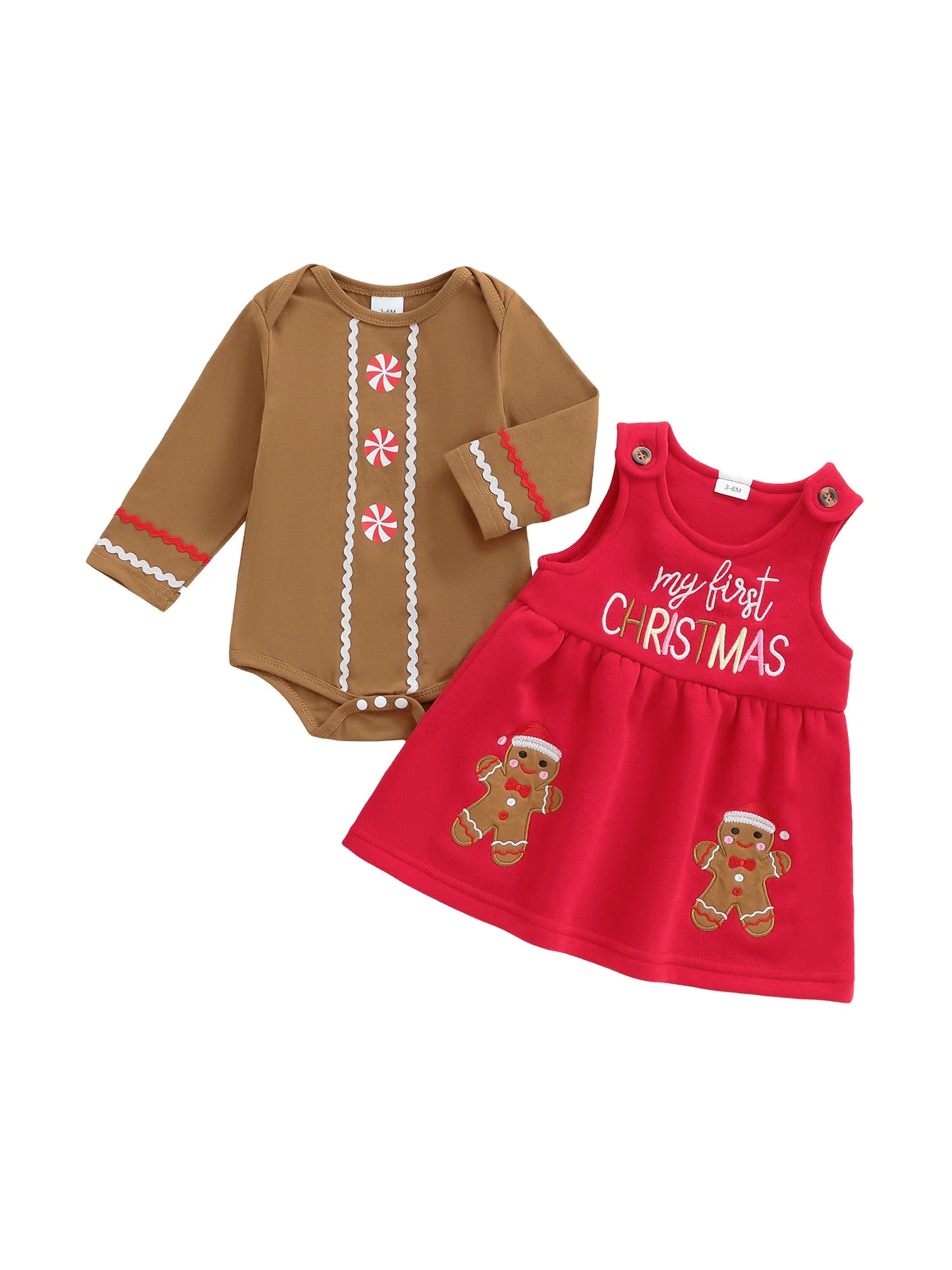 Baby Girls Christmas Clothes Set - Long Sleeve Romper & Gingerbread Man Embroidery Overalls Dress