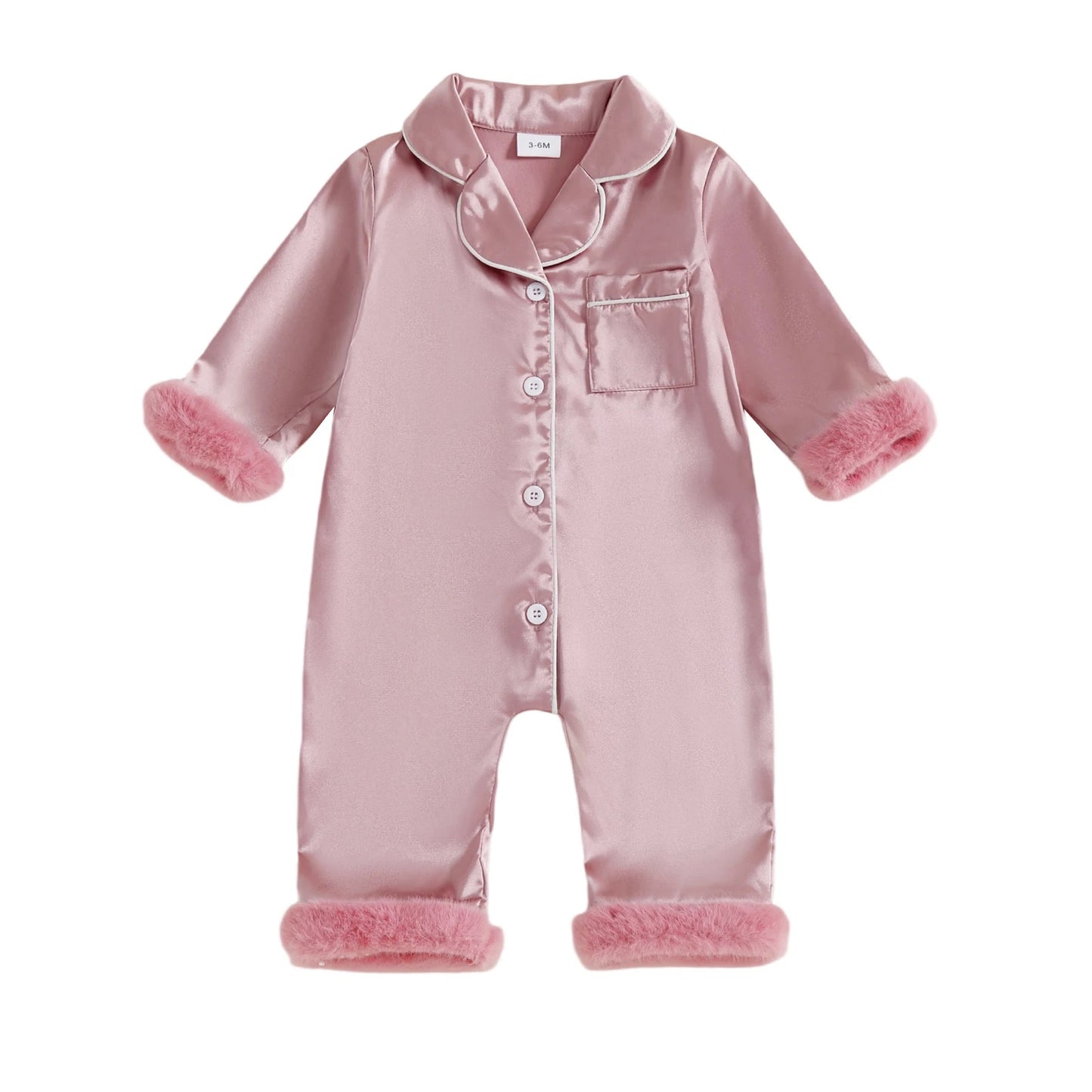 Baby Satin Pajama Romper - Fur Trim Button Down with Lapel