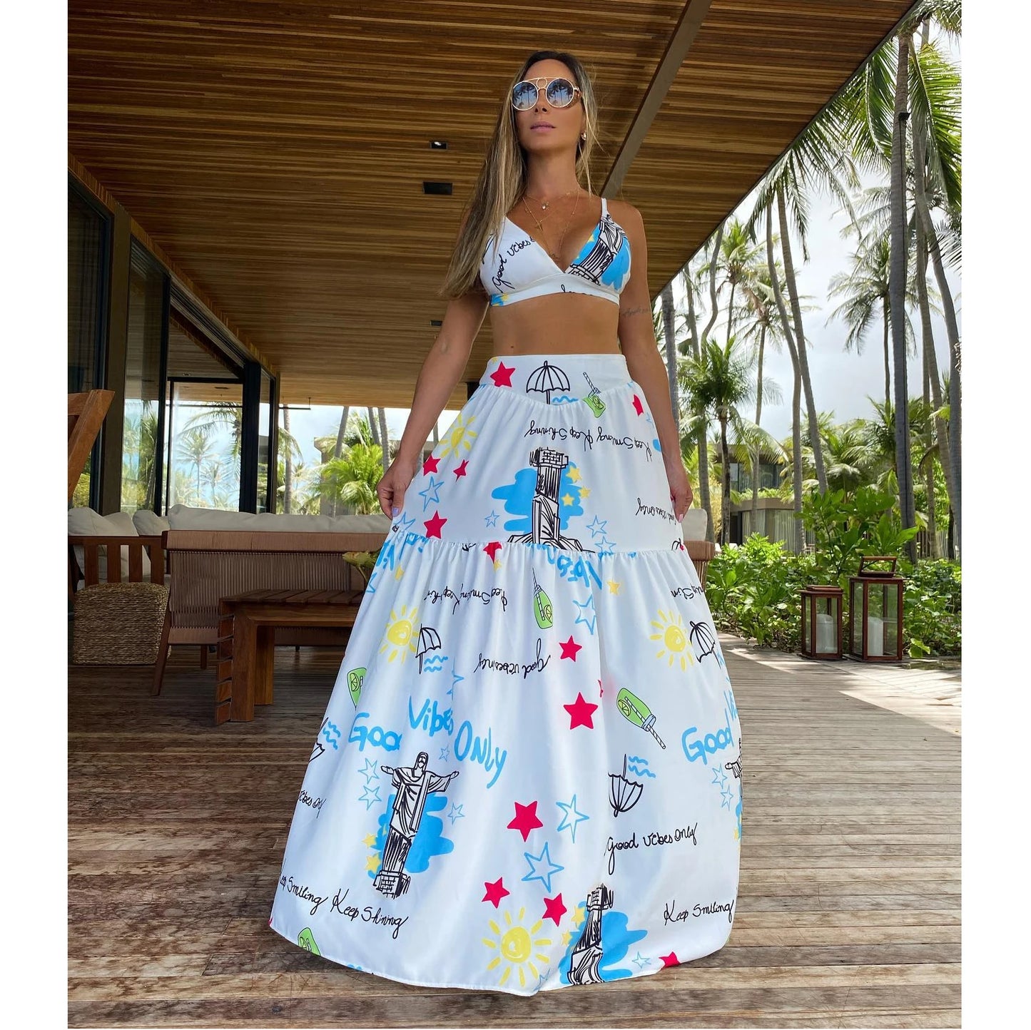 Women's Print Beach Two Piece Skirt White Bra High Waist A-line Long Skirt Beach Set