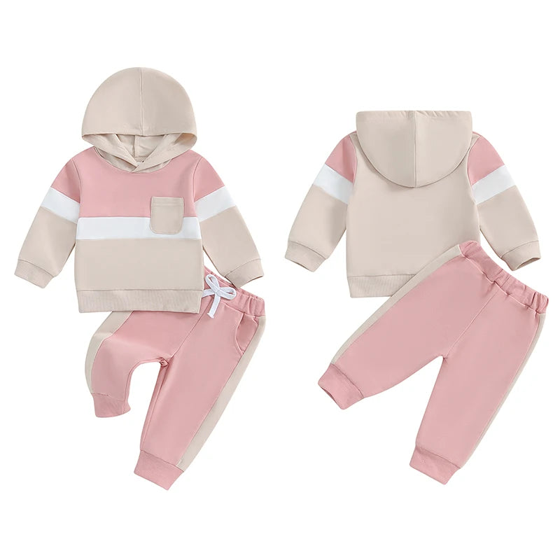0-4Y Toddler Kids Boys Girls Fall Clothes Set Color Patchwork Long Sleeve Hooded Sweatshirt and Elastic Waist Pants