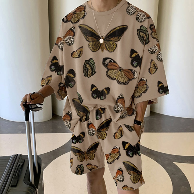 Men's Round Neck Half Sleeve T Shirt and Elastic Waist Shorts Set