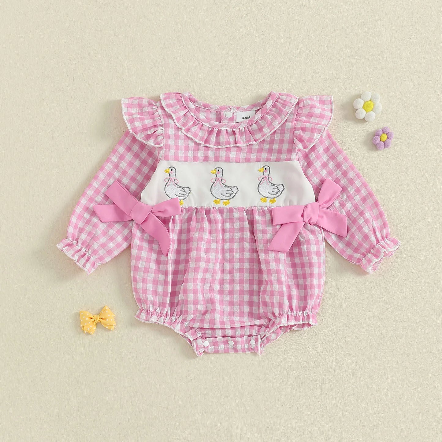 Baby Girls Plaid Bubble Romper - Duck Embroidery Long Sleeve Jumpsuit (0-18M)