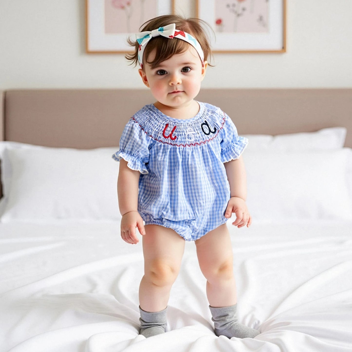 Baby Girls Independence Day Rompers - 3 Colors Letter Embroidery Plaid Print Short Sleeve Jumpsuits