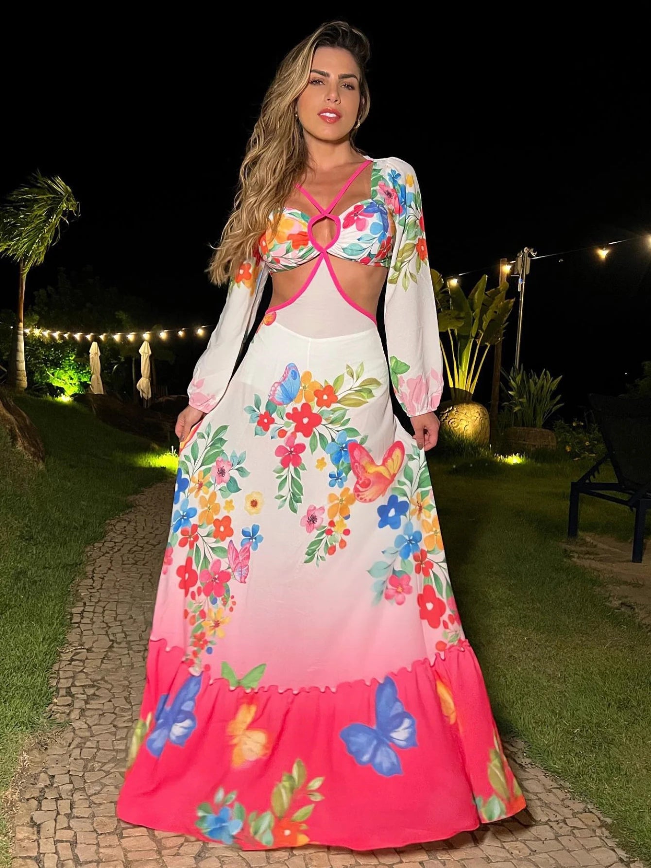 Women's Floral Print Long Sleeve Halter Naked Waist Long Summer Dress