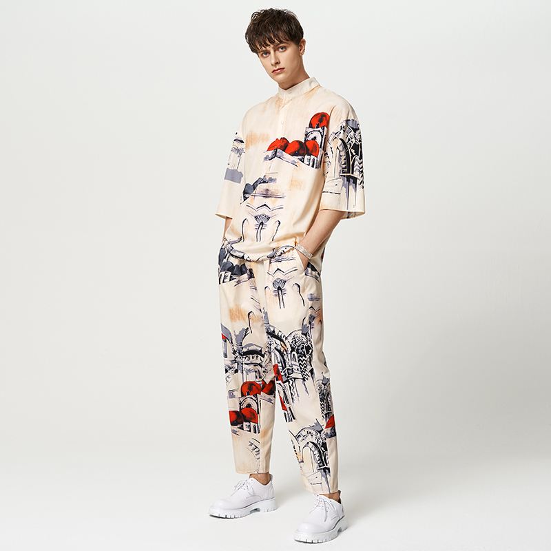 Men's Loose Stand Collar Half Sleeve Shirt and Elastic Waist Pants 2Pcs Causal Suit S-5XL