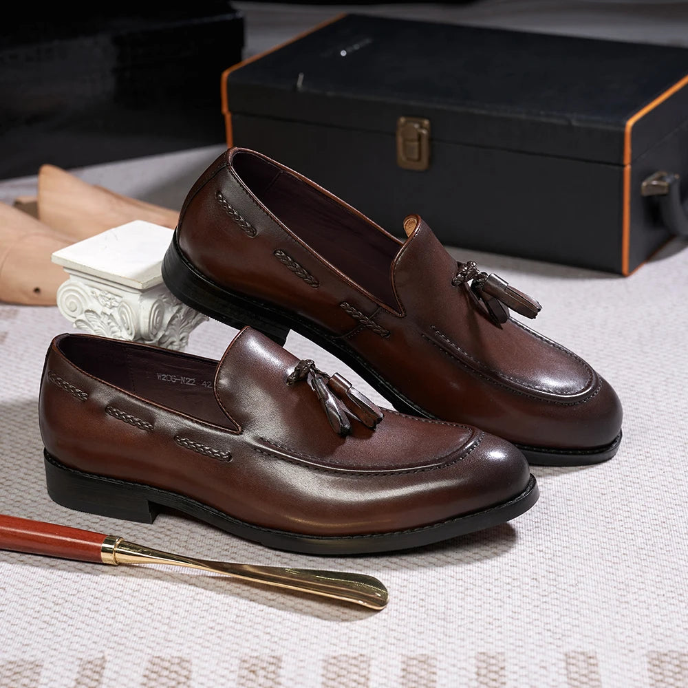 Classic Men's Tassel Loafers Genuine Leather Handmade Slip on Comfortable Office Wedding Shoes