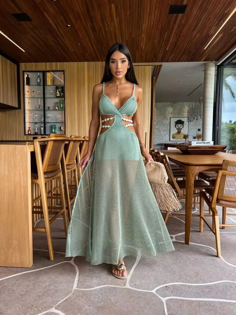 Women’s V Neck Sleeveless High Cut Naked Waist Long Evening Party Dress