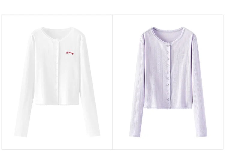 Women's Cropped Slim Fit Cardigan - Cotton Jacquard Embroidered Lace Trim