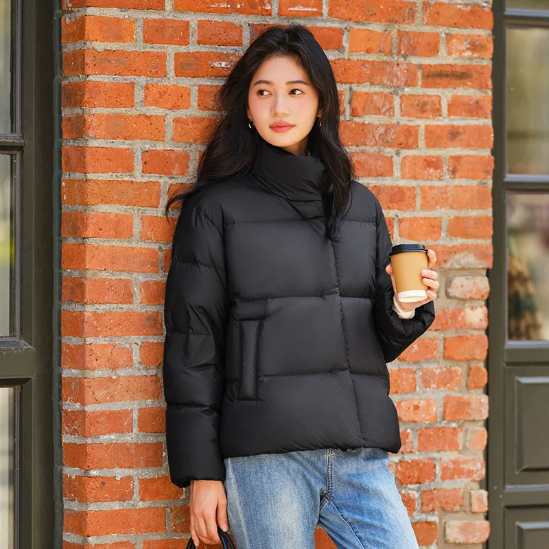 Down Jacket Women Three-Proof Solid Color Stand-Up Collar Loose Simple Winter Versatile Goose Warm
