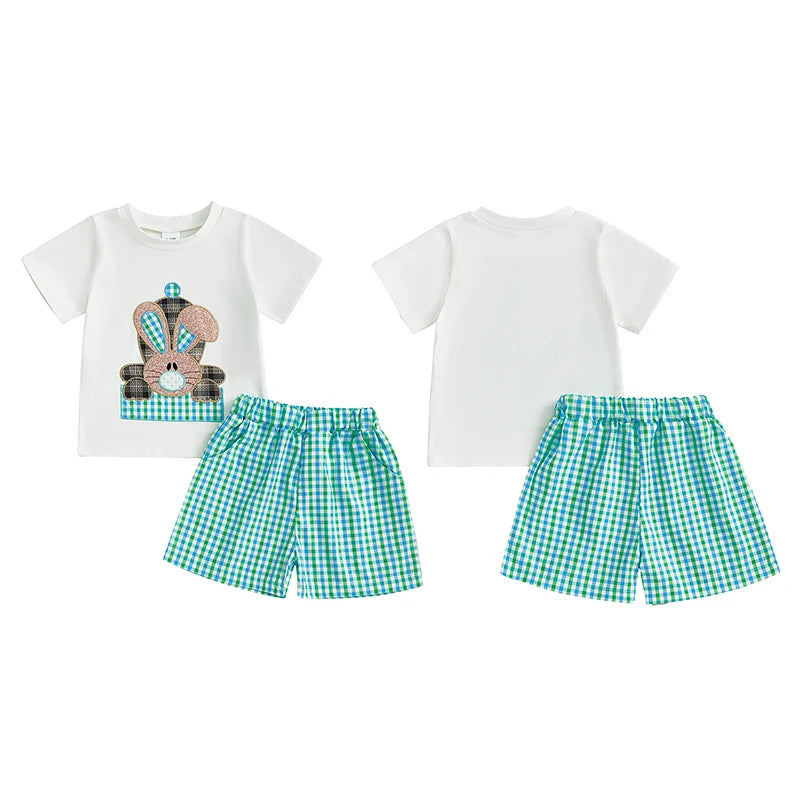 0-4Y Toddler Kids Boys Easter Clothes Set 2pcs Rabbit Embroidery Short Sleeve Plaid T-Shirt with Elastic Waist Shorts