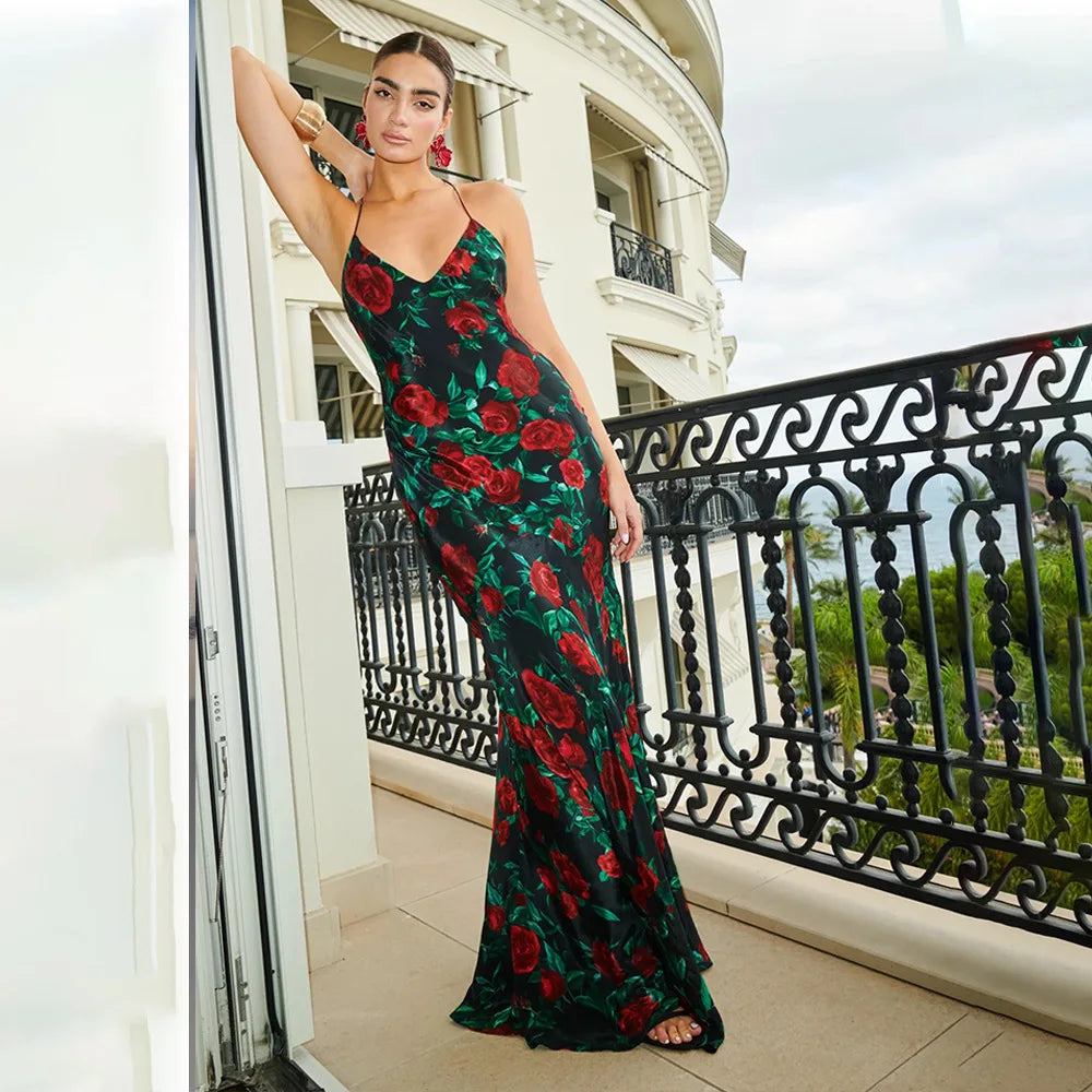 Women's Floral Print V Neck Scarf Draped Maxi Summer Backless Outfit Party Dress