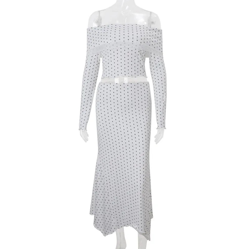 Women'Polka Dot Off Shoulder Two Piece Club Outfit Set
