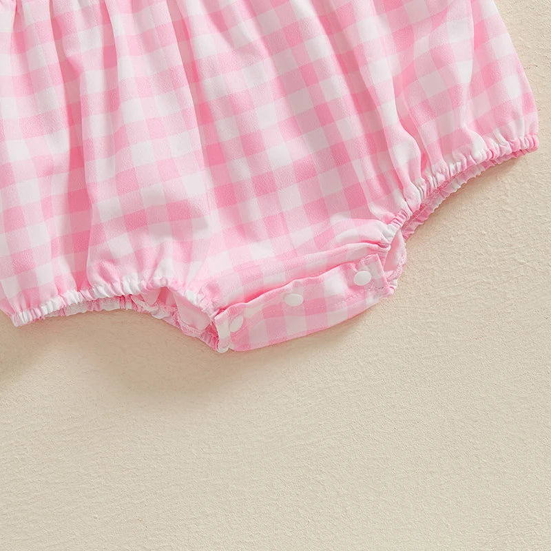 Baby Girls Summer Plaid Romper with Golf Embroidery - Doll Collar Jumpsuit (0-18M)